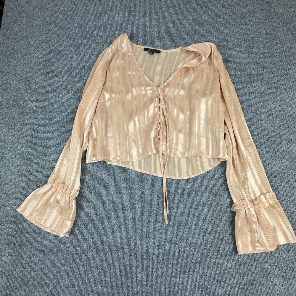 Y2K Forever 21 Blouse Womens XL Beige Striped Sheer Ruffle Bell Sleeve Cropped